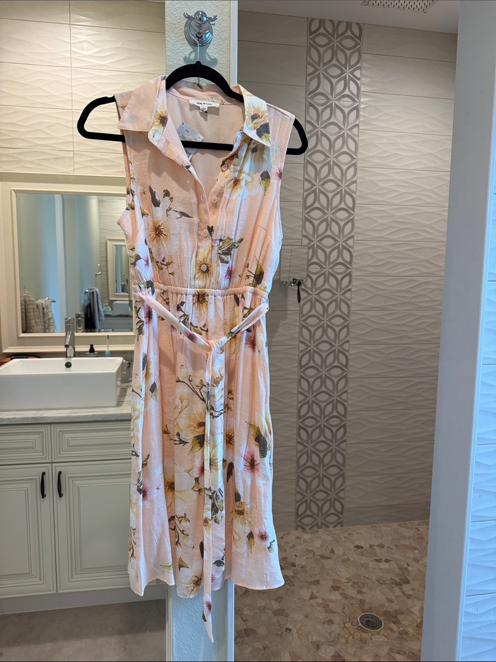 Sleeveless Pink Floral Shirt Dress with Tie Waist